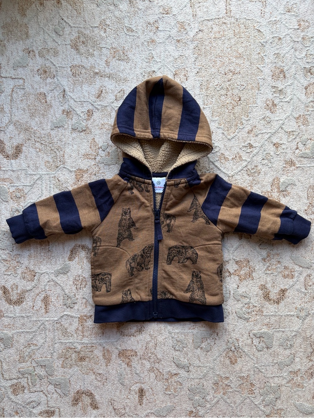 Hanna Andersson Bear Print Striped Faux Sherling Lined Zip Up Hoodie